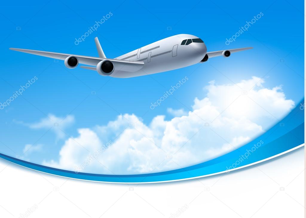 Travel background with an airplane and white clouds. Vector.