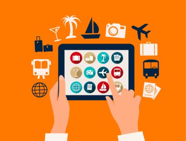 tatil ve seyahat simgeleri ile bir tablet dokunmadan eller. vektör.