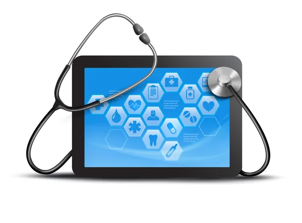 Tablet PC-scherm met medische pictogrammen en stethoscoop. vector. — Stockvector