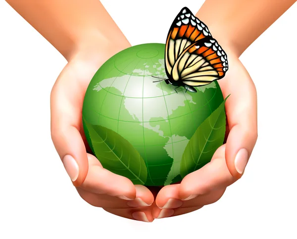 Green world with leaf and butterfly in woman hands. Vector illus — Stock Vector