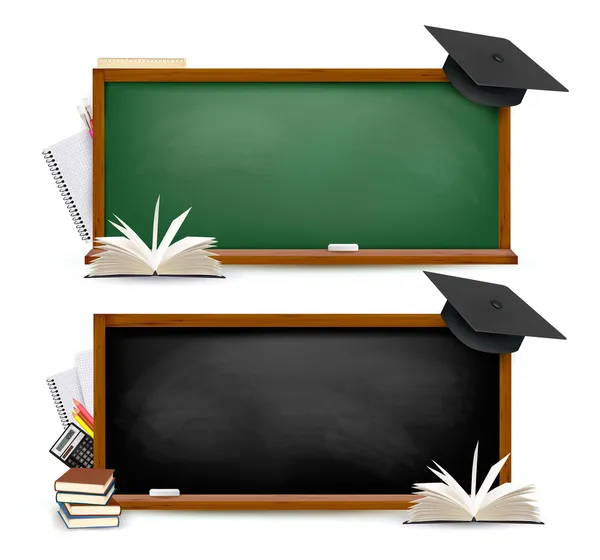 Two banners of chalkboards with school supplies and graduation c Royalty Free Stock Vectors