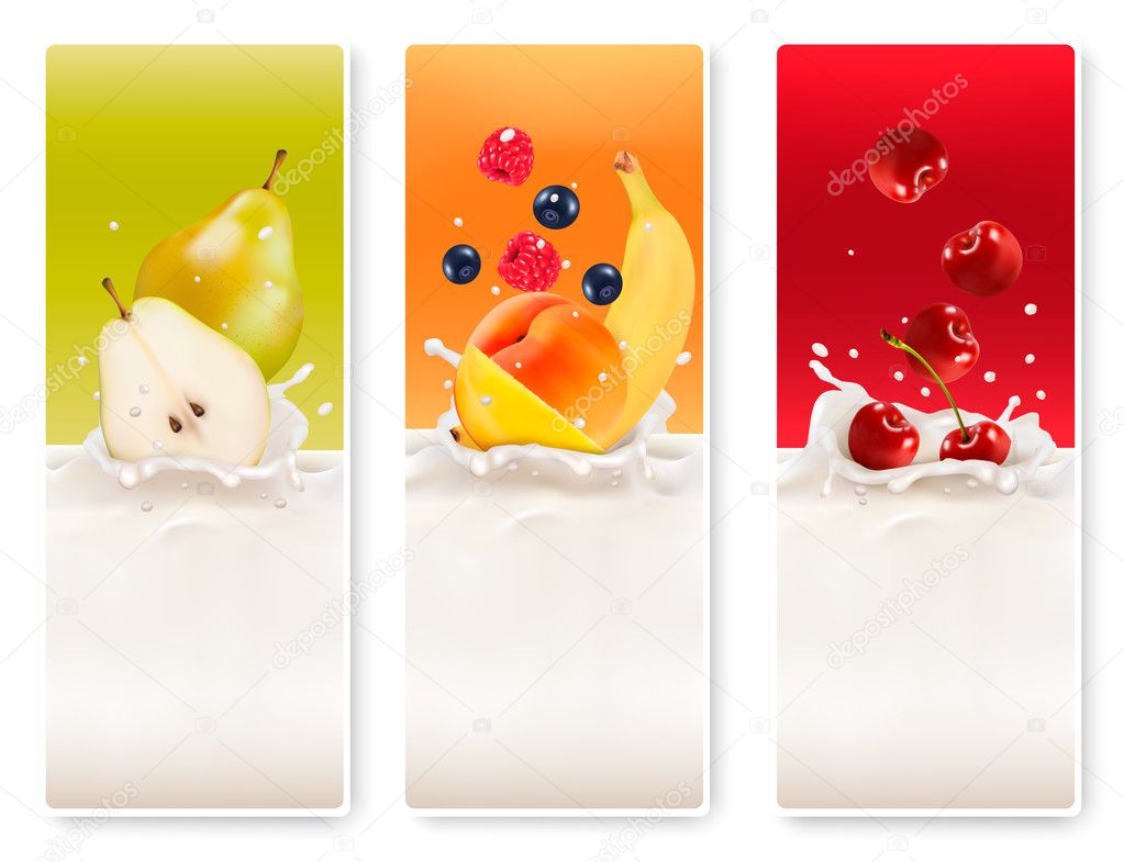 Three fruit and milk labels. Vector. 