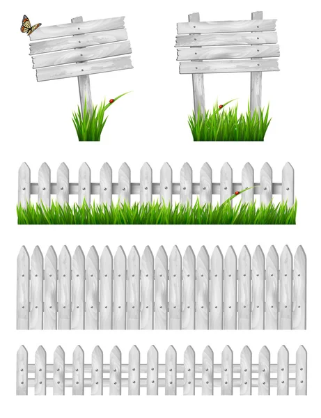 Uppsättning av vitt trä tecken och ett staket med gräs. vektor — Stock vektor