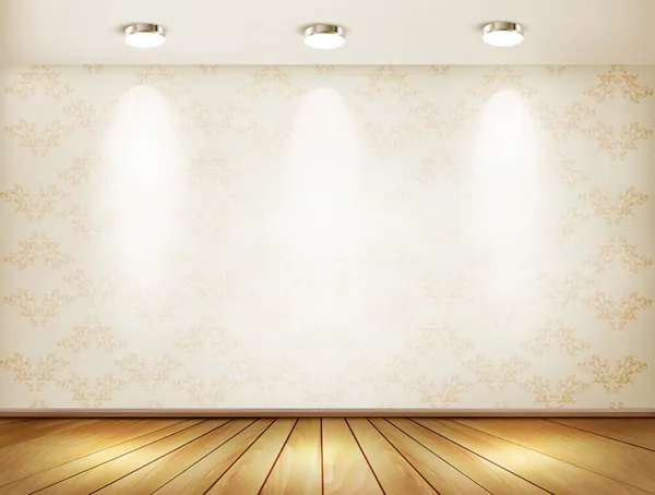 Dinding dengan lampu sorot dan lantai kayu. Konsep showroom. Vektor - Stok Vektor