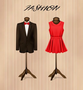 un costume et une robe formelle rétro sur mannequins. Vector. 