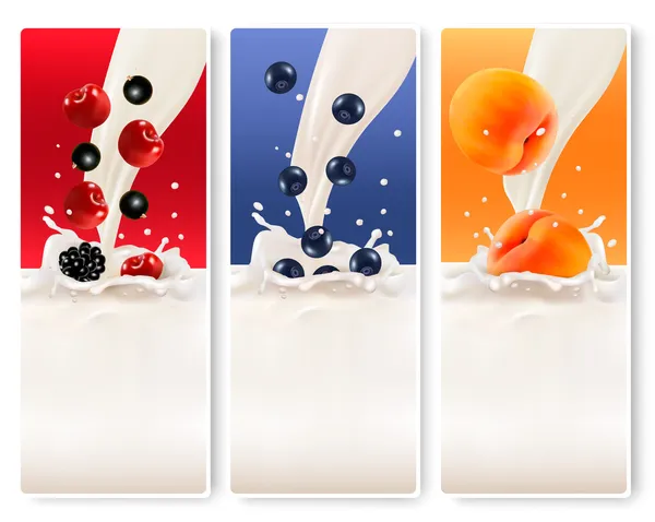 Drie fruit en melk banners. vector. — Stockvector