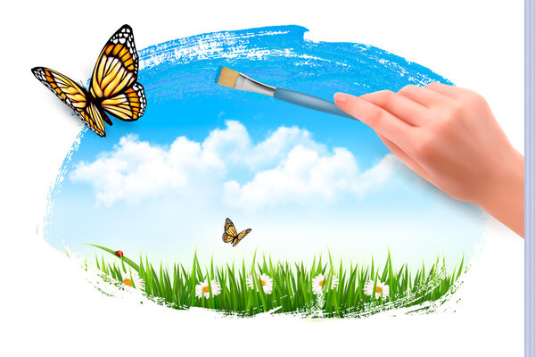 Nature background with butterflies and hand with brush. Vector.