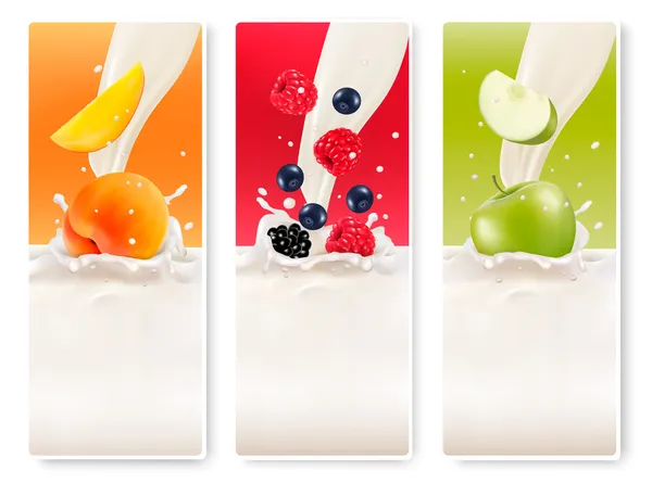 Three fruit and milk banners. Vector. — Stock Vector