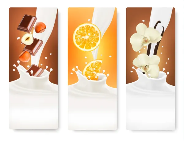 Set di striscioni con nocciole, cioccolato, arance e vaniglia fa — Vettoriale Stock