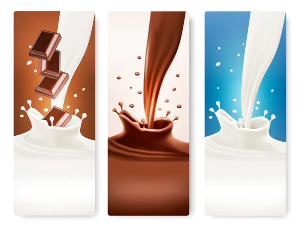 Conjunto de pancartas con salpicaduras de chocolate y leche. Vector . — Archivo Imágenes Vectoriales