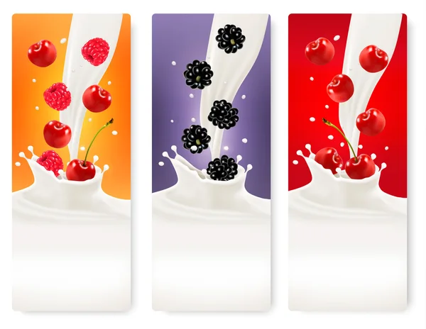 三种莓和牛奶横幅。矢量. — 图库矢量图片