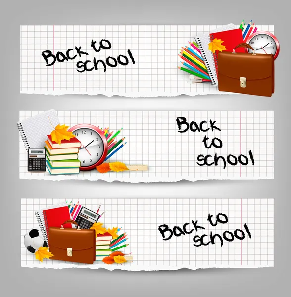 Powrót do szkoły. trzy banery z przyborów szkolnych i le jesień — Wektor stockowy