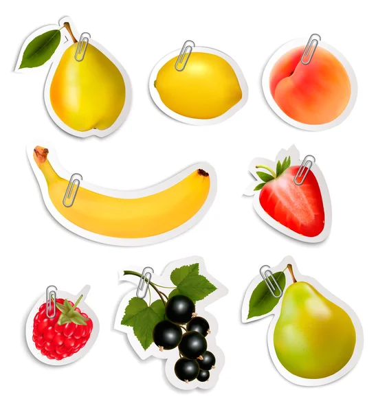 Set of flat fruit stickers with paper clips. Vector. — Stock Vector