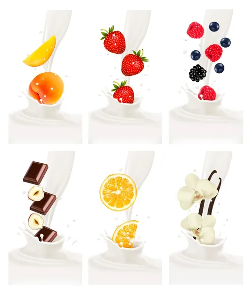 Fruits frais colorés tombant dans l'éclaboussure laiteuse. Vecteur illu — Image vectorielle