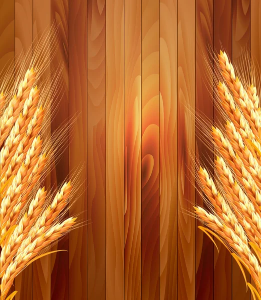 Uši pšenice na dřevěné pozadí. vektorové ilustrace — Stockový vektor
