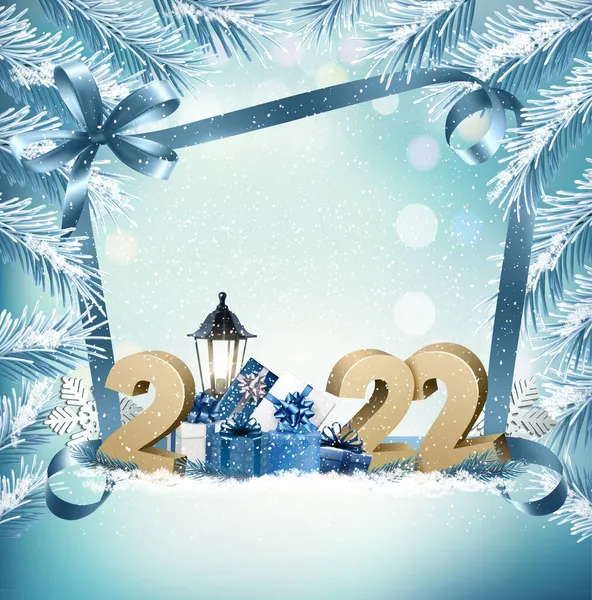 2022 Mutlu Yıllar Mutlu Noeller Hediye Kutuları Ağaç Dalı Vektör — Stok Vektör