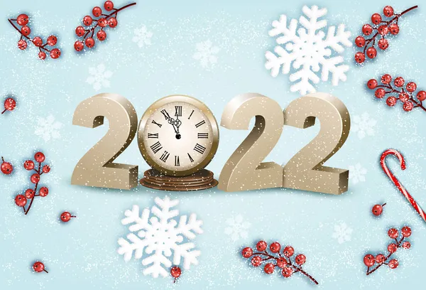 Feliz Navidad Feliz Año Nuevo 2022 Números Oro Con Reloj — Vector de stock