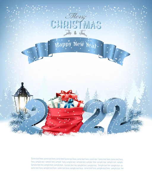 Mutlu Noeller Mutlu Yıllar 2022 Kış Manzarası Arka Planında Kırmızı — Stok Vektör