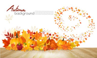 Doğanın sonbahar arkaplanı. Taze sebzeli ve renkli yapraklı Şükran Günü kartlarınız kutlu olsun. Vektör.