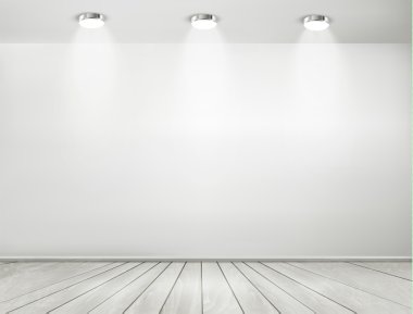 gri oda sahne ışıkları ve ahşap yerde. Showroom konsept. vektör.