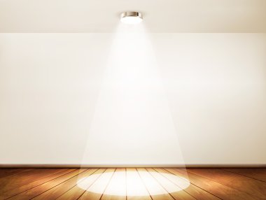 spotlight ve ahşap zemin ile duvar. Showroom konsept. vektör