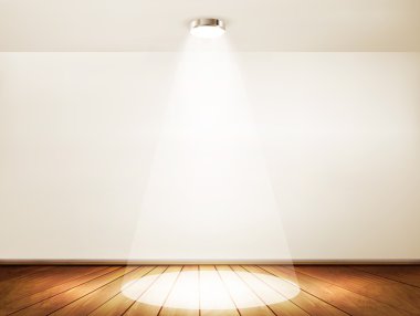 Wall with a spotlight and wooden floor. Showroom concept. Vector clipart