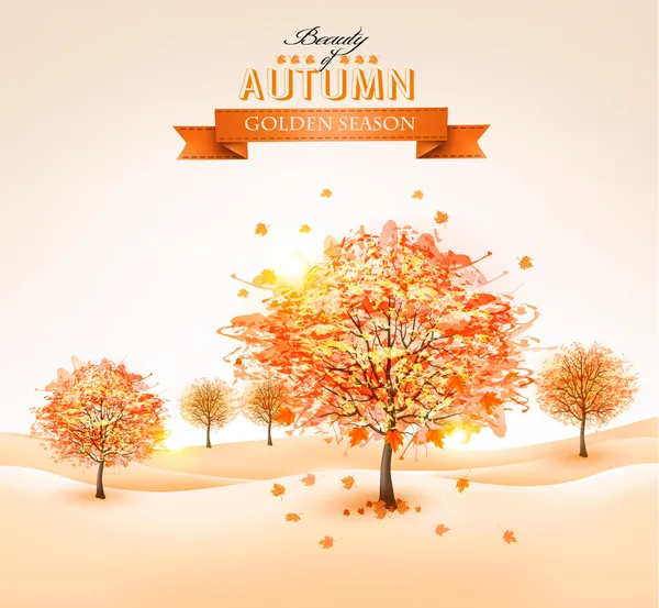 Fond d'automne avec des feuilles et des arbres colorés.Illustrtra vectoriel — Image vectorielle