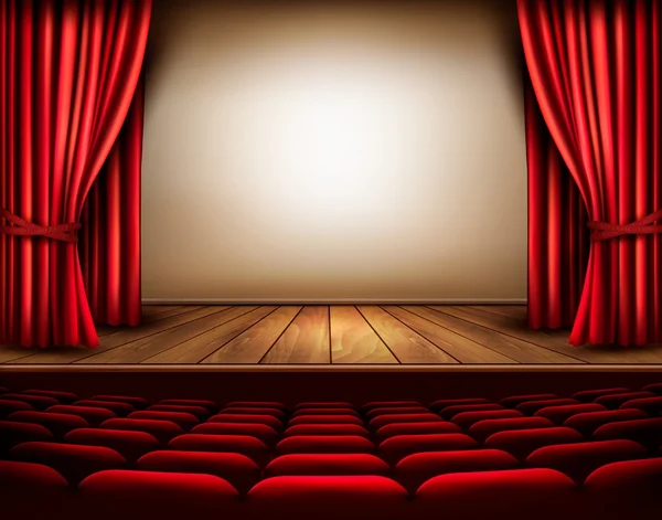 Un escenario de teatro con una cortina roja, asientos. Vector . — Vector de stock