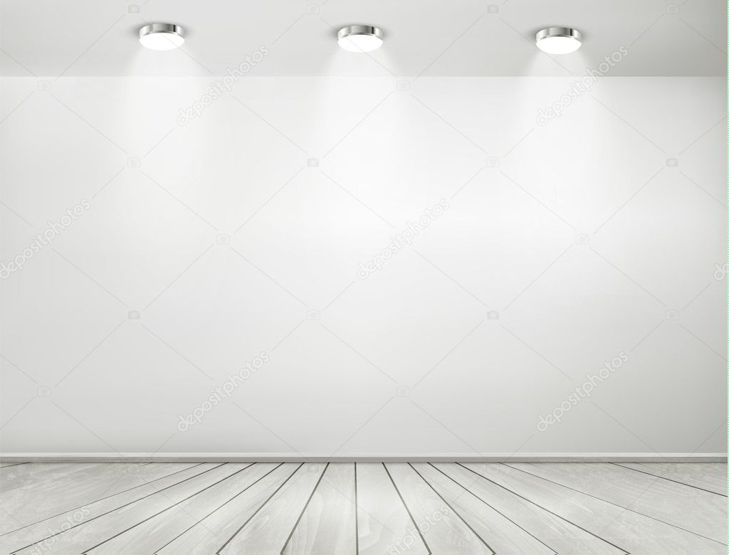 Grey room spotlights and wooden floor. Showroom concept. Vector.