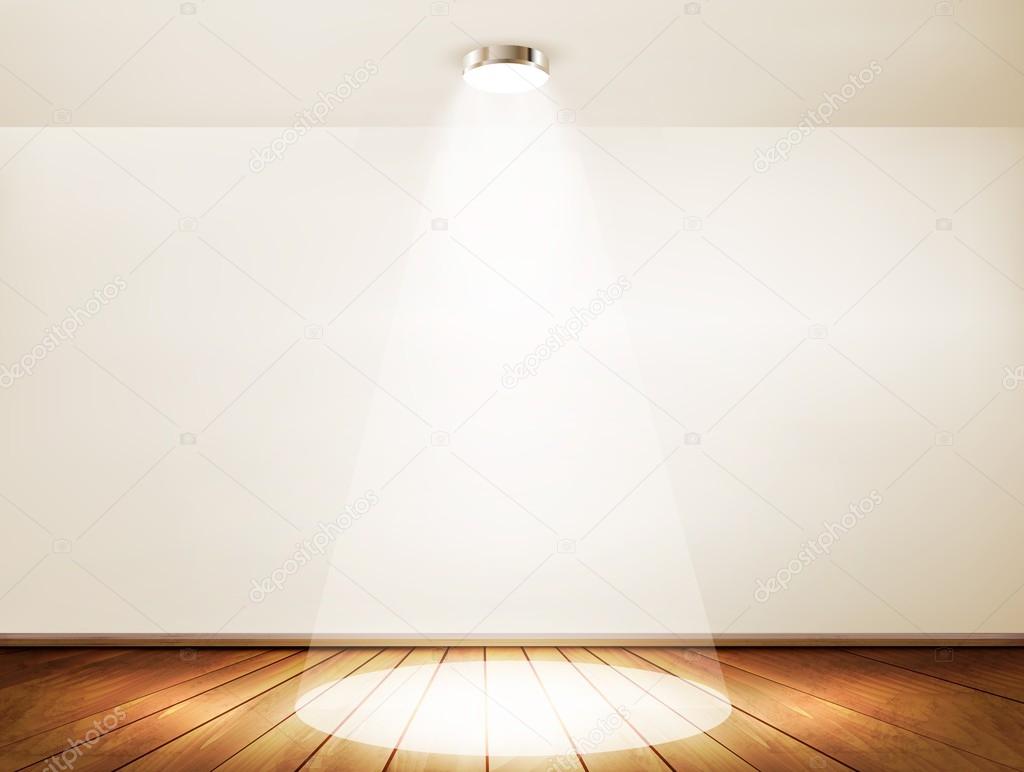 Wall with a spotlight and wooden floor. Showroom concept. Vector