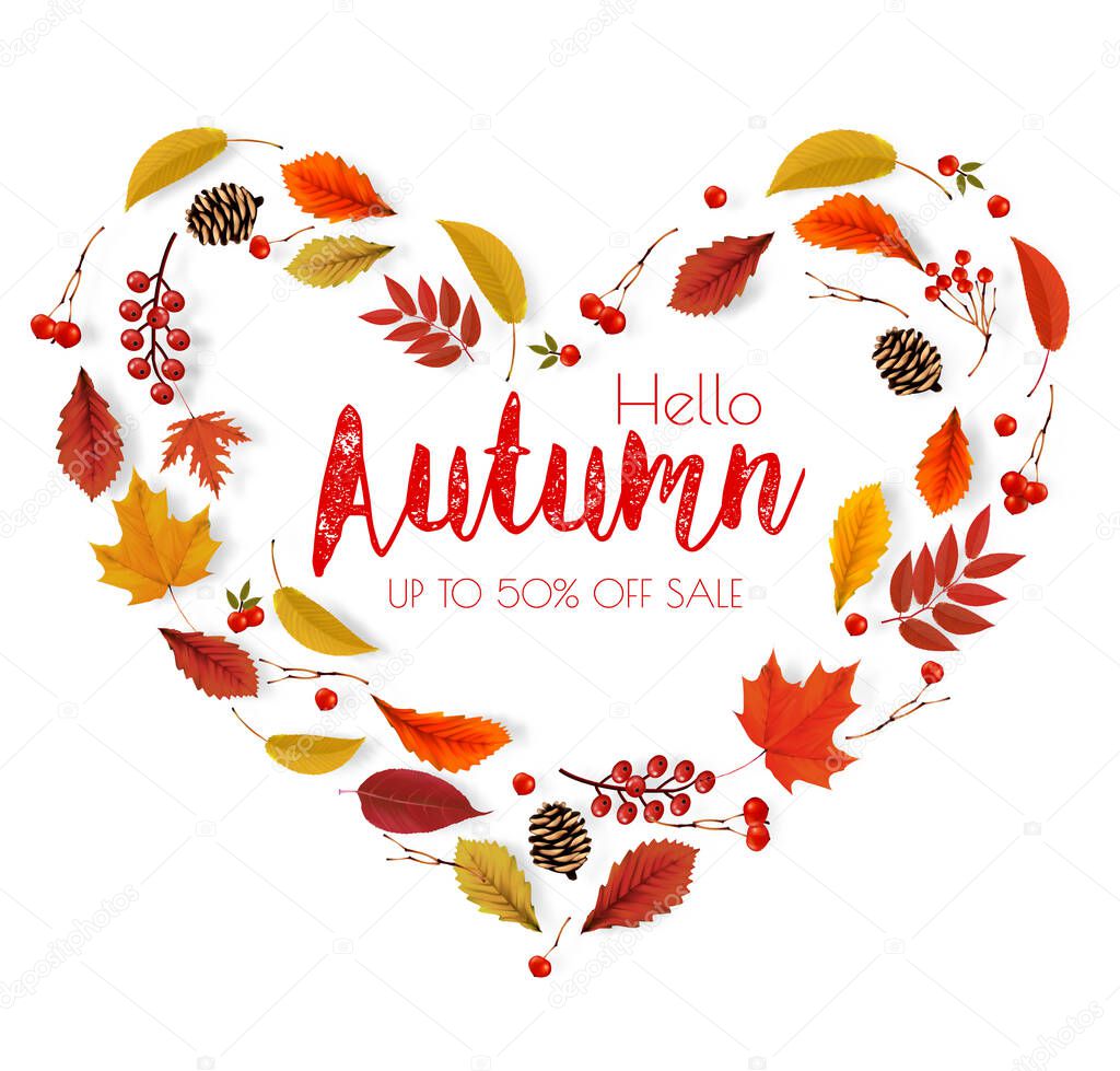 Autumn colorful forest leaves, berries, cones, acorns, viburnumin the shape of a heart Sale Frame.   Vector.