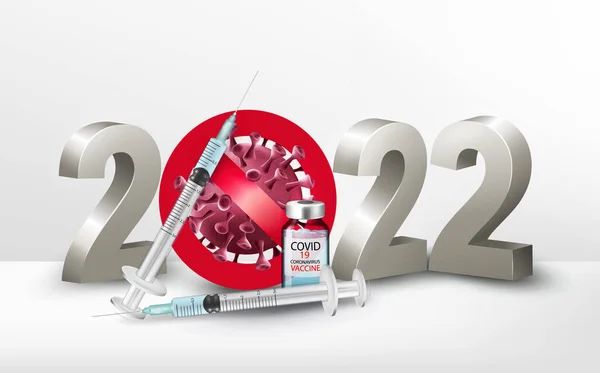 Szczęśliwego Nowego Roku 2022 Numer Stop Covid Symbol Strzykawką Butelką — Wektor stockowy