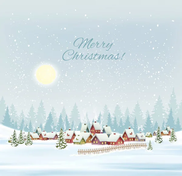 冬の村やクリスマスツリー 冬のそりやカラフルなプレゼントとホリデークリスマスとハッピーニューイヤーの背景 ベクトル — ストックベクタ
