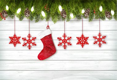 Noel arkaplanı ağaç dalı, Noel kar taneleri ve kırmızı bir soketle dolu. Vektör