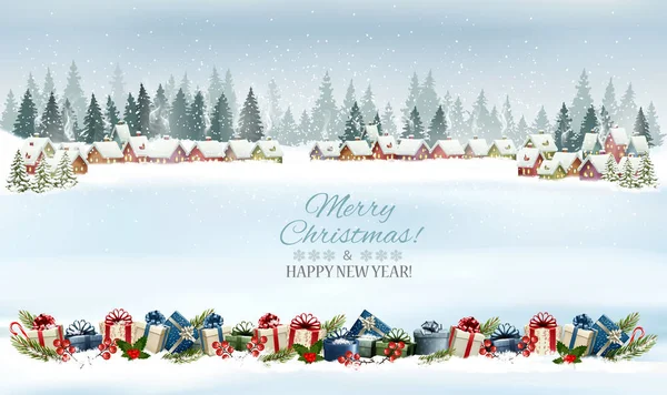 圣诞全景 有一个冬季村庄和圣诞节礼物 — 图库矢量图片