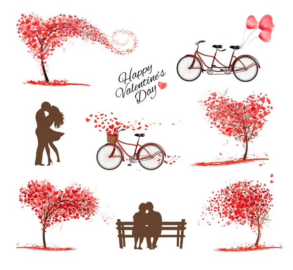 Sæt Valentinsdag Symboler Ikoner Hjerteformet Træ Par Forelsket Bænk Cykel – Stock-vektor