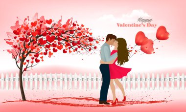 Pembe Bayram Sevgililer Günü geçmişi. Kalp şeklinde yaprakları olan bir ağaç ve kırmızı balonlara aşık bir çift. Vektör