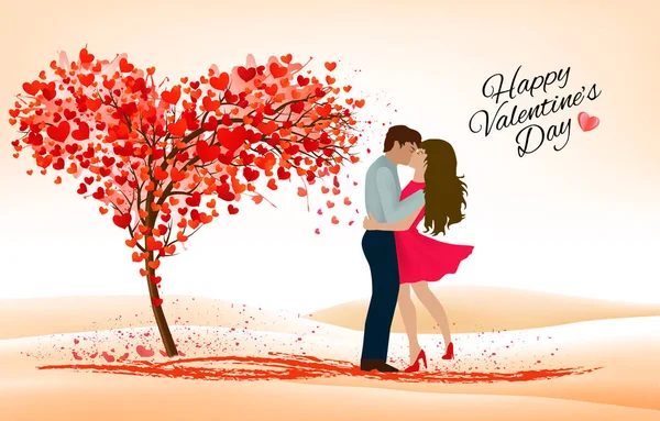 Feiertag Valentinstag Hintergrund Verliebtes Paar Und Herzförmiger Baum Mit Herzförmigen — Stockvektor