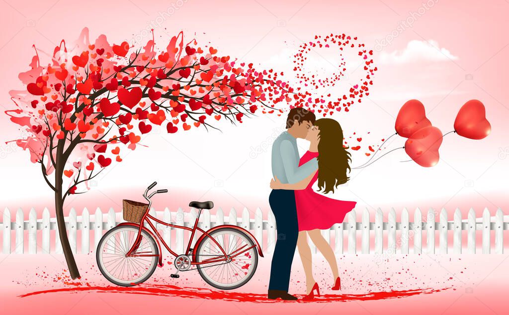 Pink Holiday Valentine's Day background. Tree with heart-shaped leaves and couple in love and bike. Vector