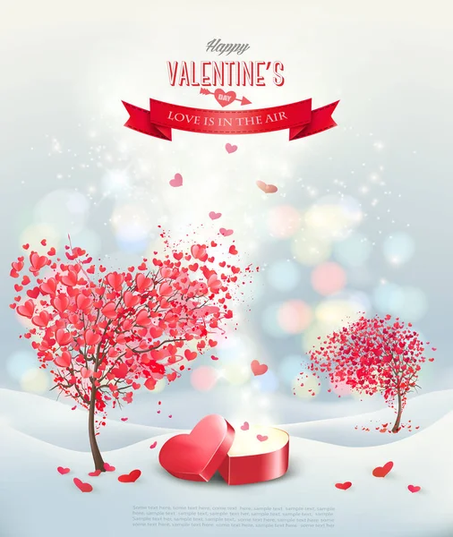 Valentine Day Background Trees Hearts Open Red Gift Heart Shape — Stock Vector