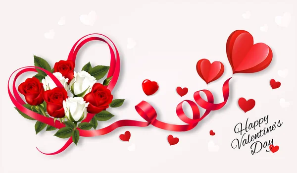 情人节快乐 美丽的背景 色彩艳丽的玫瑰和红心带 — 图库矢量图片