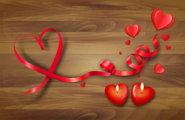 バレンタインデーの背景 木製の背景に赤いハート型のリボンと2つのハートキャンドル ベクトル — ストックベクタ