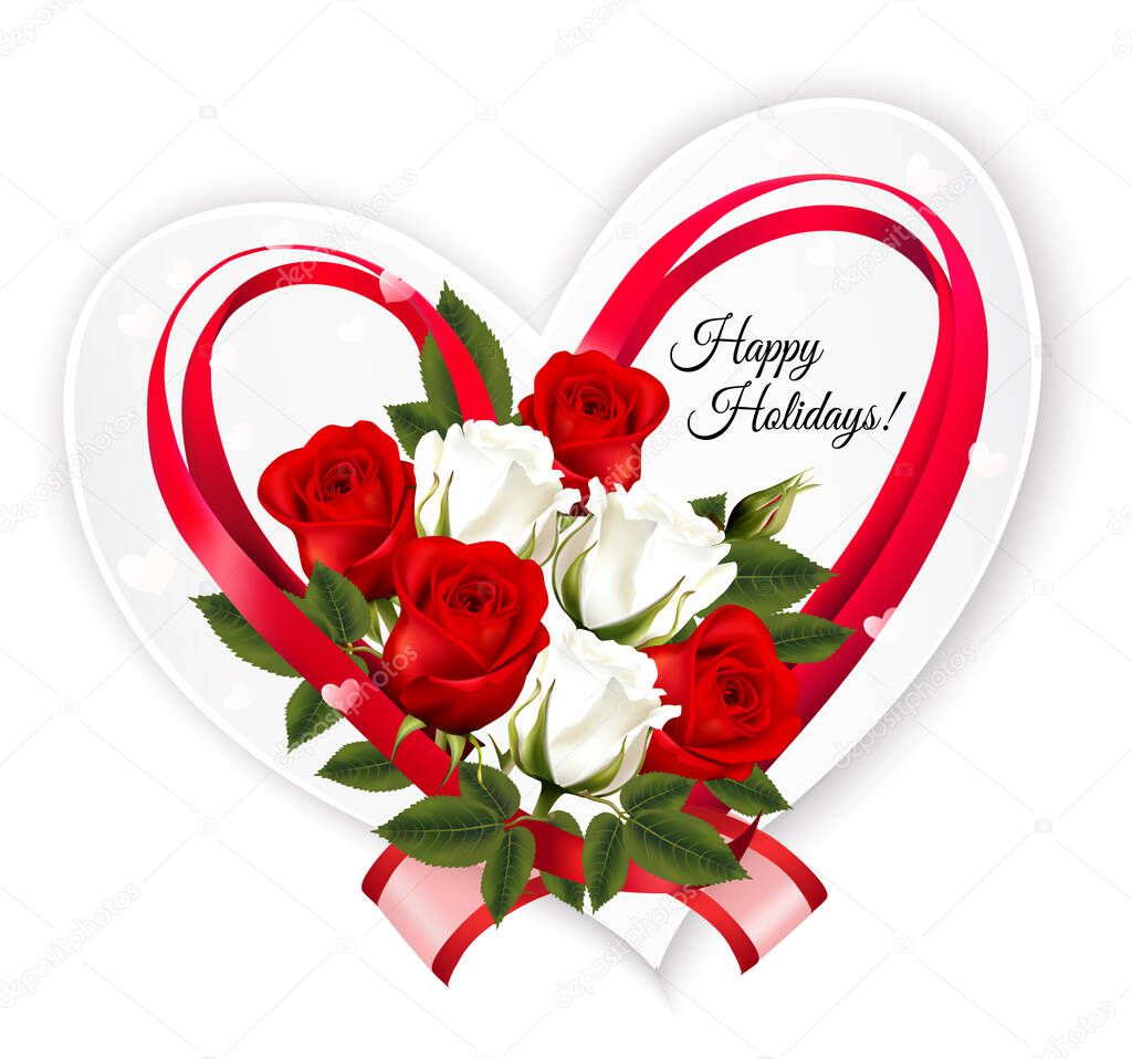Happy Valentine's Day beautiful getting card with colorful roses and a red heart shape ribbon and bow. Vector.