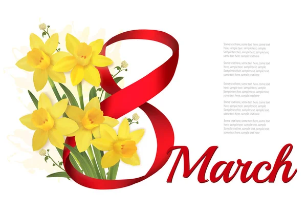 Março Ilustração Férias Flores Amarelas Fundo Com Narcisos Fita Vermelha —  Vetores de Stock