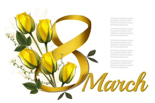 Березня Ілюстрації Жовтими Квітами Троянд Стрічкою Міжнародний Жіночий День Вектор — стоковий вектор