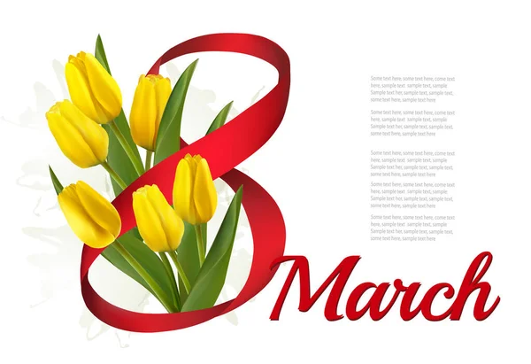 Março Ilustração Férias Flores Amarelas Fundo Com Tulipas Amarelas Fita —  Vetores de Stock