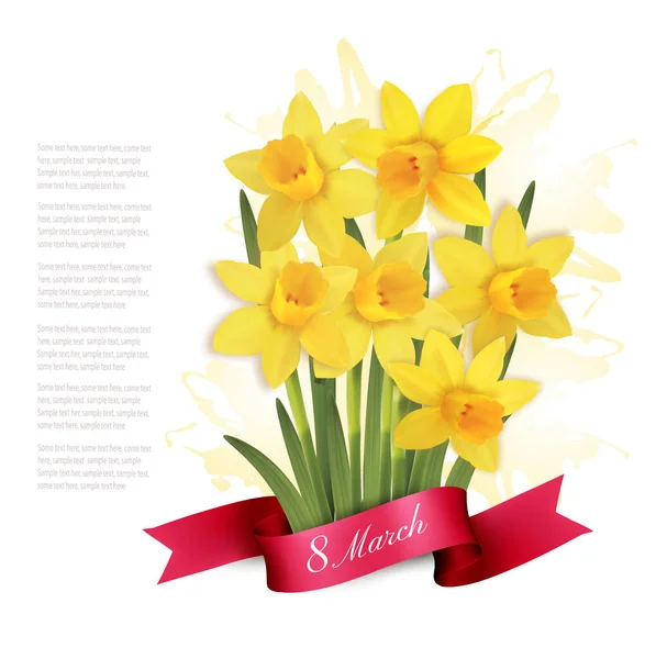 Ilustrace Března Žlutými Květy Narcisu Stuhou Mezinárodní Den Žen Vektor — Stockový vektor