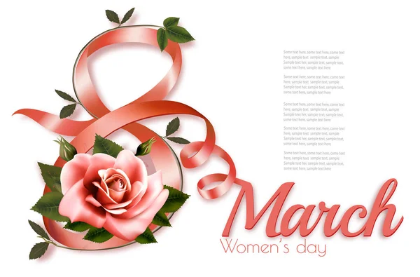 Março Ilustração Com Rosa Rosas Brancas Flores Fitas Rosa Dia —  Vetores de Stock