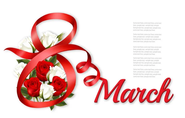 Ilustración Del Marzo Con Flores Rosas Rojas Blancas Cintas Rojas — Vector de stock