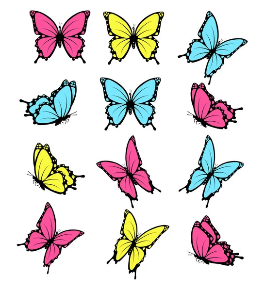 Sbírka Motýlů Létajících Různými Směry Silueta Motýla Vektor — Stockový vektor